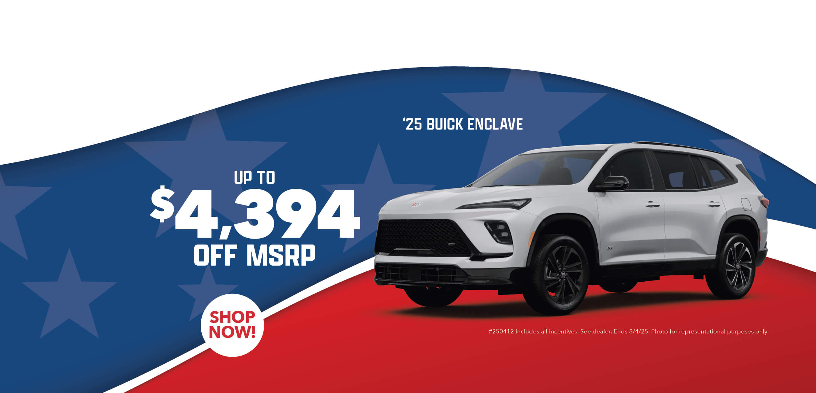 Gray SUV with advertising slogans: Now up to $4,394 off MSRP on 2025 Buick Enclave.